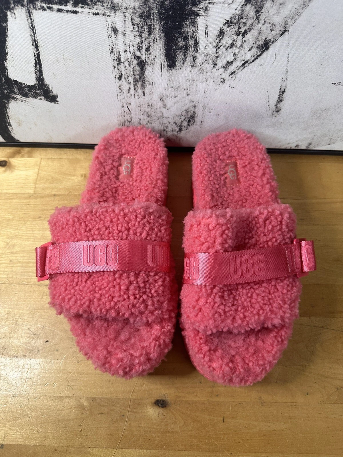 UGG FLUFFITA SLIDE SANDALO PIATTAFORMA SORBETTO FRAGOLA US 8