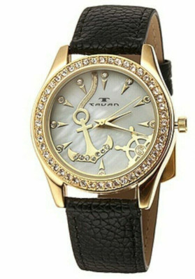 NEW Tavan 9775  Nautical Sea Anchor MOP Dial Crystal Bezel Black Leather Watch