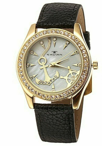 NEW Tavan 9775 Nautical Sea Anchor MOP Dial Crystal Bezel Black Leather Watch - 第 1/2 張圖片