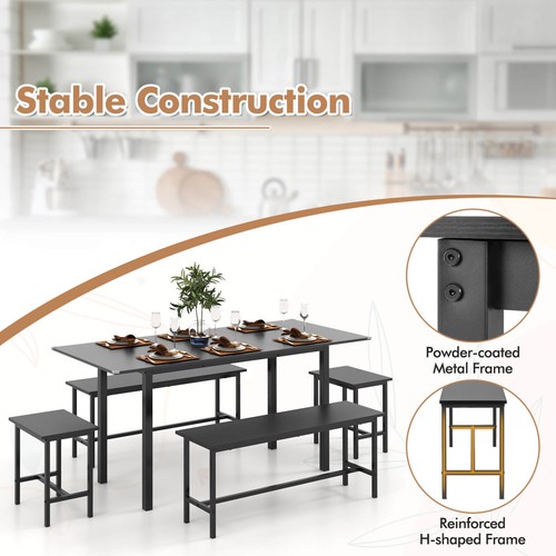 5 PCS Dining Table Set for 4-8 63" Extendable Kitchen Table w/2 Benches 2 Stools - Picture 8 of 8
