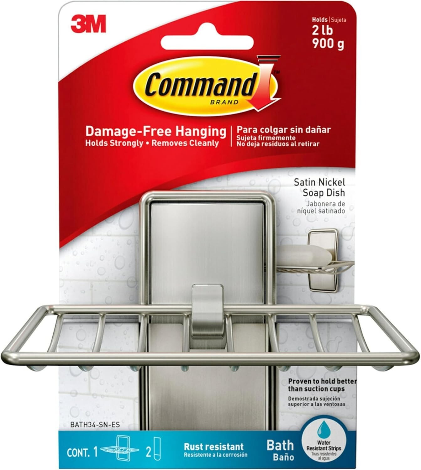 3M Command Bath Soap Dish Holder Adhesive Holds 2lb Satin Nickel 1 Dish 2 Strips
