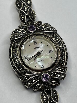 BOMA Sterling Silver Marcasite & Amethyst Ladies Quartz Watch