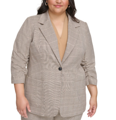 Calvin Klein Ruched 3/4-Sleeve Blazer Luggage Multi Plus Size 22W