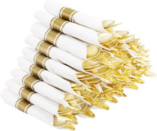 Supernal 60 Pack Pre Rolled Napkins with Gold Plastic Silverware, Premium Dispos