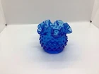 Fenton Colonial Blue Hobnail Bud Vase With Crimped Ruffle Edge ~3 inch Vintage