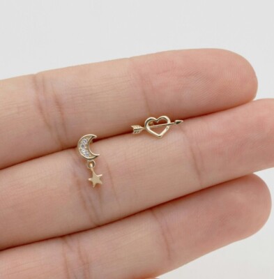 14K Solid Gold Moon Star Ear Piercings For Women Natural Diamond Screw Piercings