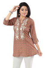 Indian Women Kurti Tunic Top Thread Embroidery Art Silk Beige Ethnic Shirt CK11