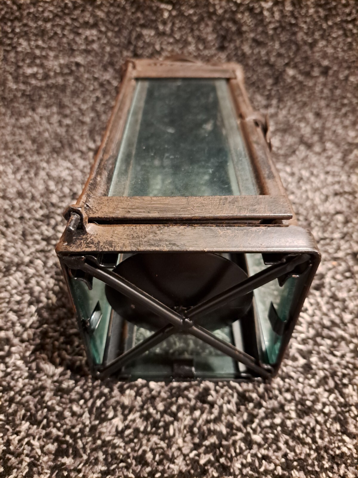 Lantern Style Enclosed Candle Holder - Metal & Glass Rustic Antique Replica Look