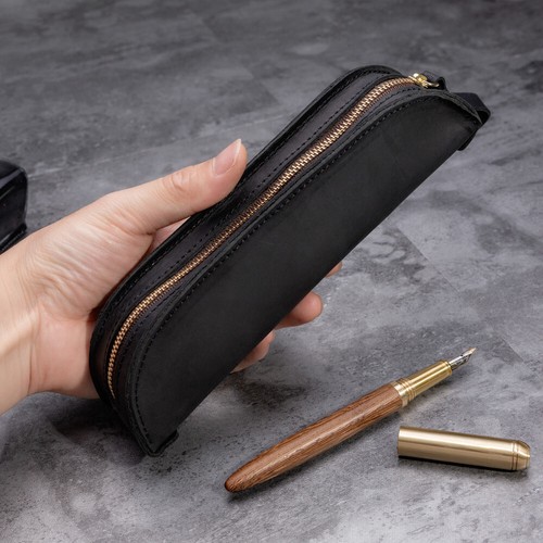 Handmade Genuine Leather Zipper Pen Bag Pencil Case School Stationery Pouch Box - Picture 5 of 16