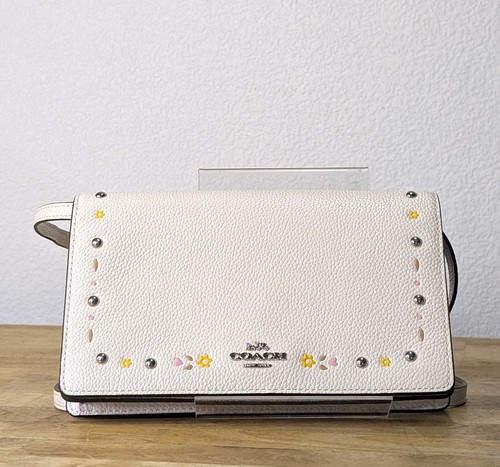 Coach Foldover Crossbody Clutch Prairie Rivets Ivory Zip Leather Purse - Picture 2 of 8