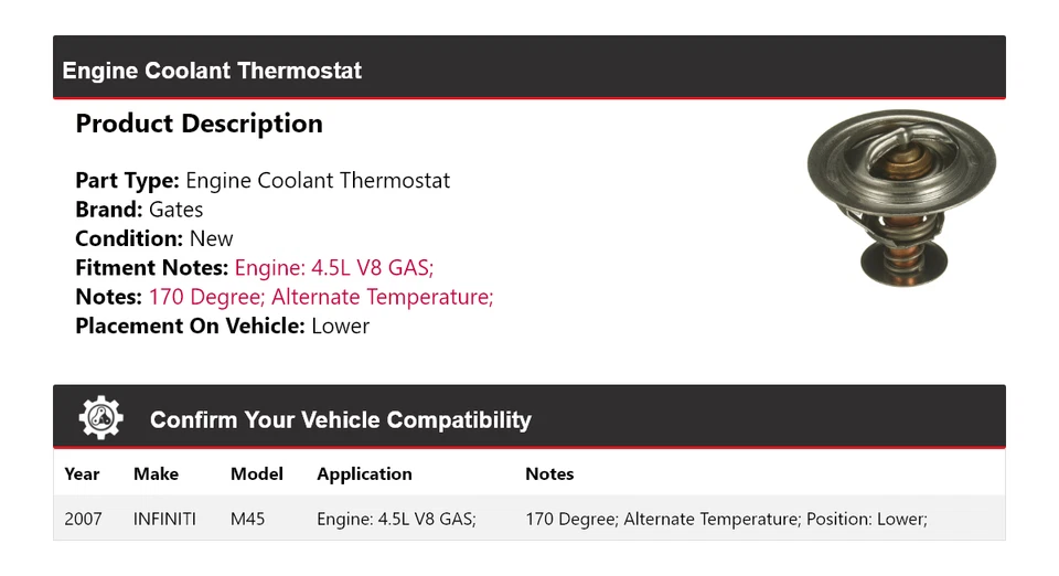 Termostato de refrigerante de motor de gasolina Infiniti M45 2007 4,5 L V8 puertas inferiores Foto 2 de 4