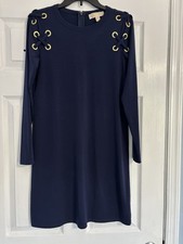 Michael Kors Navy Lace-Up Shoulder Dress Size Small Gold Grommet Long Sleeve