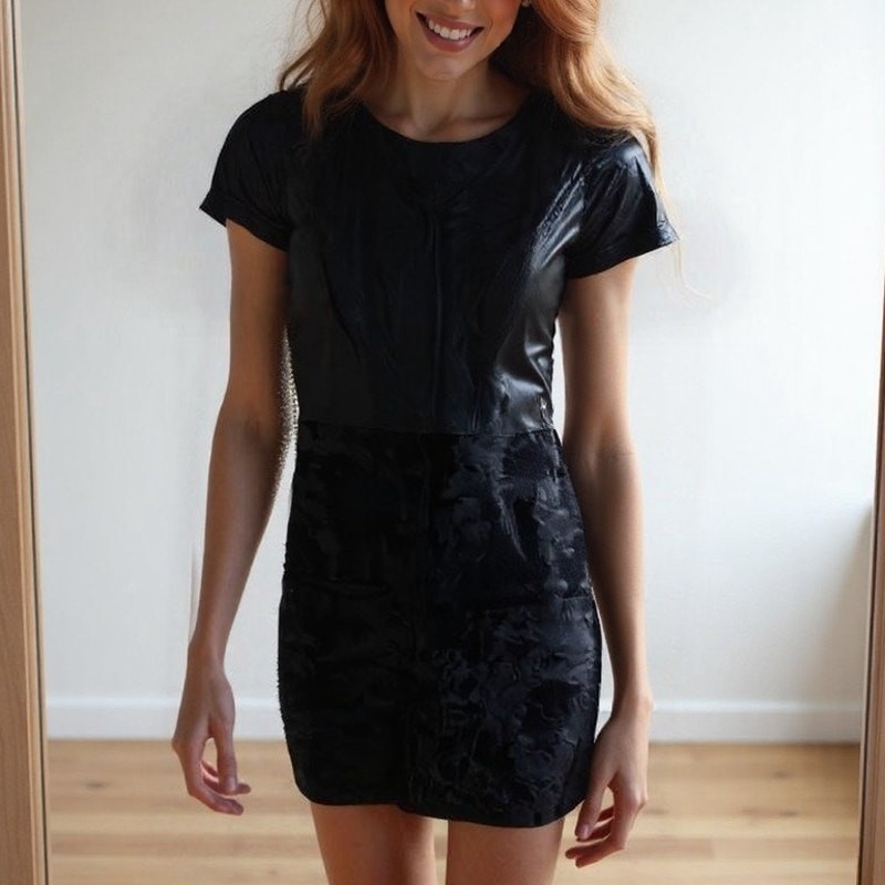 knee length dresses for ladies Black Faux Leather Collared V Neck Short Sleeve Dress *FINAL SALE* – SSYS