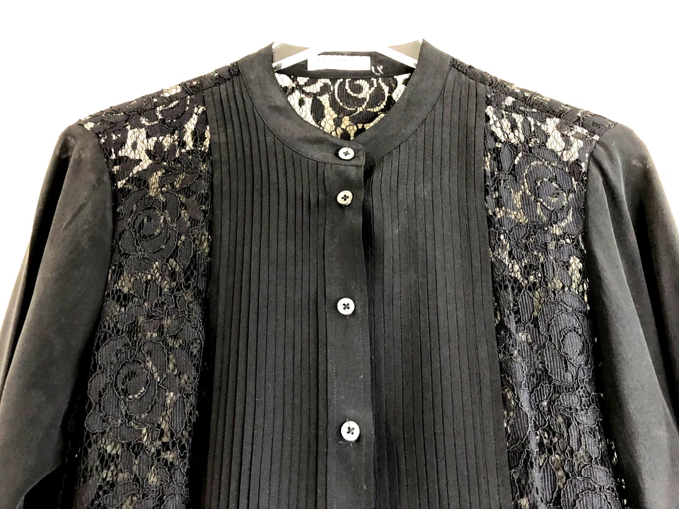 EQUIPMENT Sz Medium Black Silk Lace Tuxedo Blouse Sheer Lace Back & Front Sides - Image 3 of 4