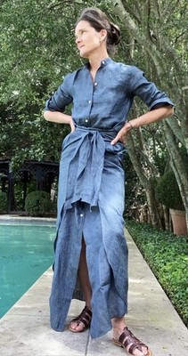 ANN MASHBURN Maxi Tie Shirt Dress Sz S Indigo Cotolino Chambray Blue NWOT  $395 | eBay