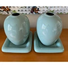 Two Matching Green Vintage Haeger USA Pottery Vases Mid-Century Large Base Sets
