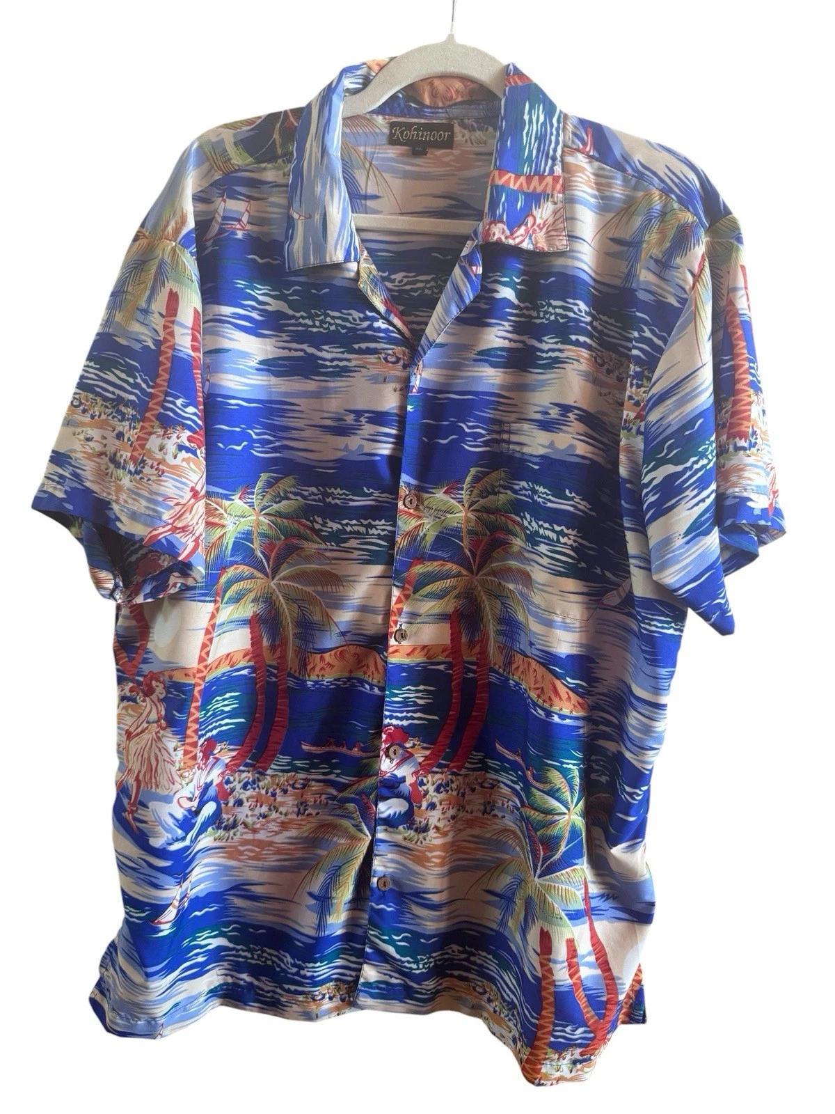 Kohinoor Men’s XL Blue Hawaiian Camp Shirt Hula Dancer Palm Trees Beach Cruise