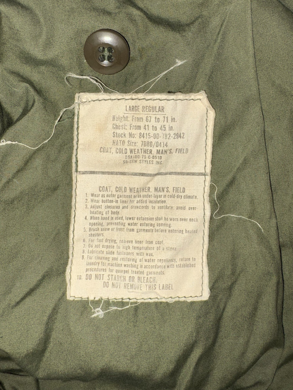 US GI Vietnam 1975 OD M-65 Fiel Jacket W/Hood Large Regular Used F_504