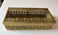 Vintage MCM Gold Tone Roses Ormolu Tissue Box Holder Ornate Hollywood Regency