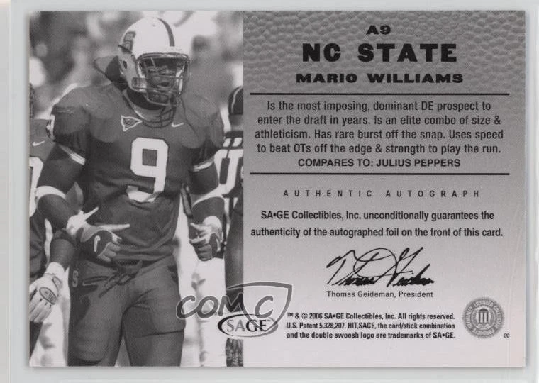 2006 SAGE Hit Auto Silver Mario Williams #A9 Rookie Auto RC - Image 2 of 2