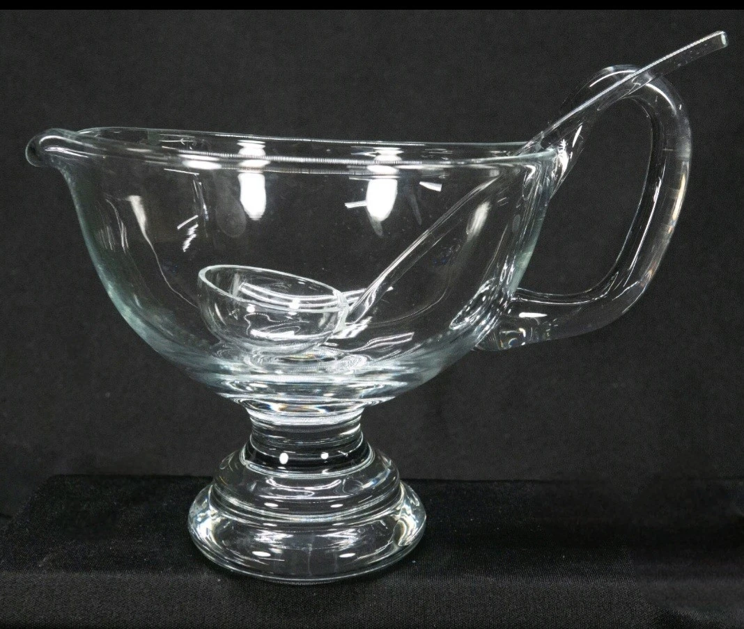Clear Glass Footed Gravy Sauce Bowl with Spout Handle and Ladle