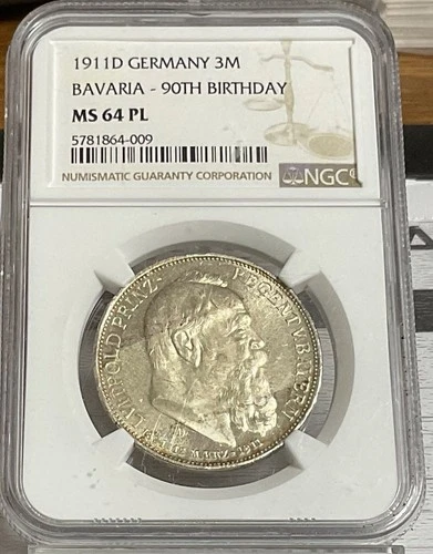 GERMANY BAVARIA 1911 D 3 MARK 90TH BIRTHDAY NGC MS 64 PL 0825016