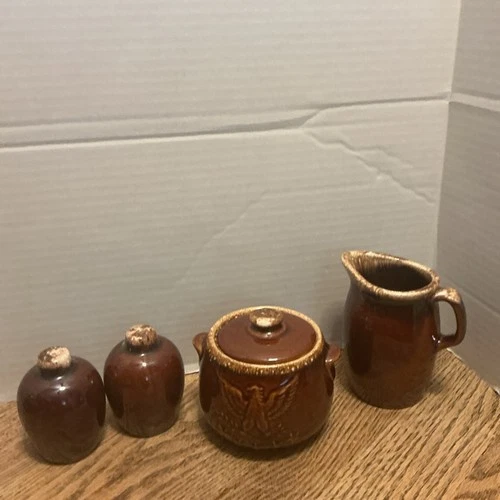 Hull Pottery Brown Drip Glaze Creamer and Sugar Bowl Set Salt & Pepper USA