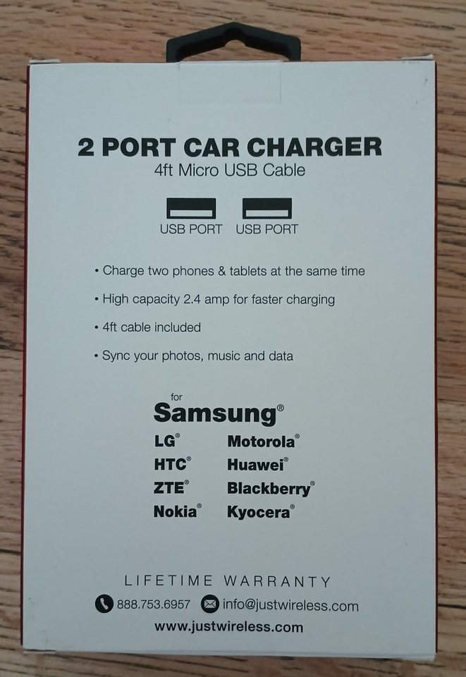 Samsung LG, HTC, Wireless 12 Watt 2.4AMP 2 Port Car Charger USB 4 Ft