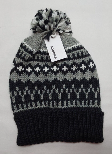 Sonoma One-Size, Black Fleece-Lined Knit Beanie with Pom- NEW with Tags