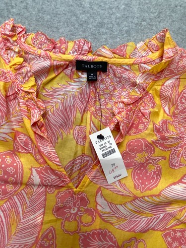 Talbots Womens Sleeveless Cotton Top M Ruffle Neck Pink Yellow Tropical Print - Picture 2 of 8