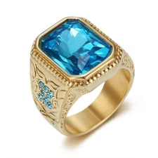 Gold Plated Luxury Light Blue CZ Wedding Ring Stainless Steel Biker Hip Hop Ring