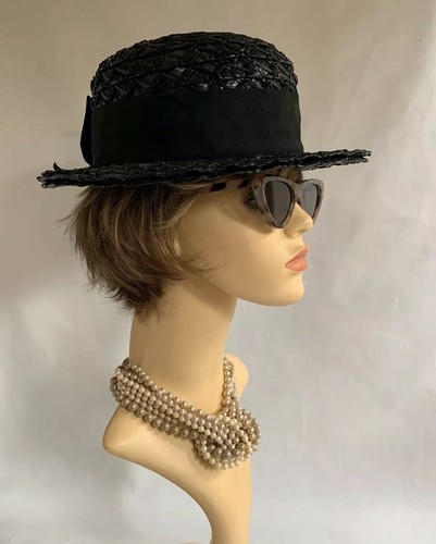 Edward Mann Vintage 1950s Black Boater Polyester Straw Hat With Petersham Ribbon - Picture 5 of 12
