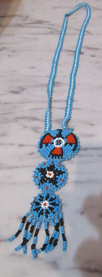 Native Style Made 24'' Bead Necklace w/ 4.5'' Medalion Blue Needs Quick Stitch Fix