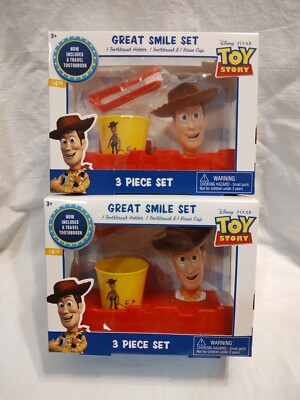 2- Toy Story Great Smile Sets. 3 Piece Sets. Toothbrush, Holder and Rinse Cup.