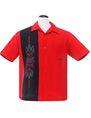 Steady Clothing Pinstripe Tiki Panel Rockabilly Red Button Down Shirt ST35468