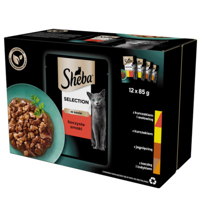 12x85 g SHEBA Selection 4 MIX Geschmacks in Soße Huhn Rind Lamm Ente Pute