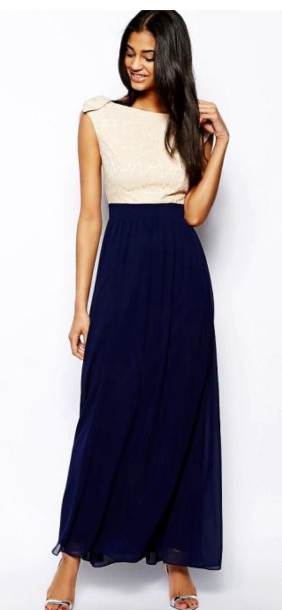 Little Mistress London Lace Beige Ton Navy Bottom Maxi Sleeveless Dress  Size 10