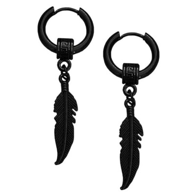 Feather And Ring Long Chain Hoop Studs Punk Black Stainless Steel Hoop Earrings