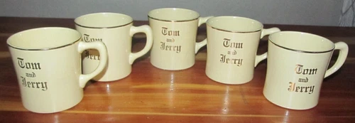 Vintage Tom And Jerry Homer Laughlin Coffee Mugs Cream and Gold Trim Set of 5