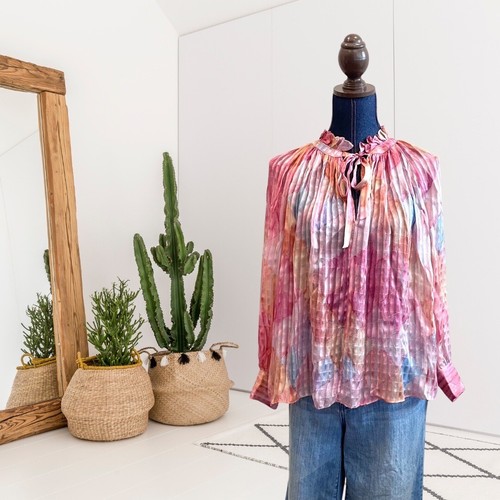Love Shack Fancy Womens XS Willow Long Sleeve Tie Neck Silk Blouse Rainbow Cloud