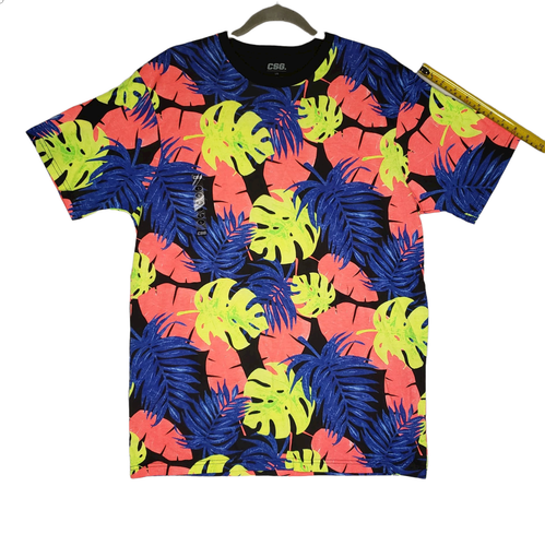 CSG Neon Hawaiian Tropical Print T-Shirt Bold Cotton Yellow Blue Mens Size Large - Picture 8 of 10