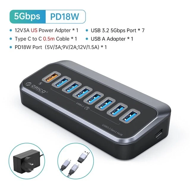 ORICO 7-Port USB 3.0 Hub with Type-C 5Gbps Data Transfer  
