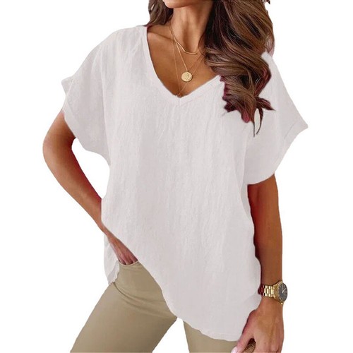 Women Tops V Neck Loose Linen T Shirt Blouse Short Sleeve Pullover Tunic Summer - Picture 15 of 22