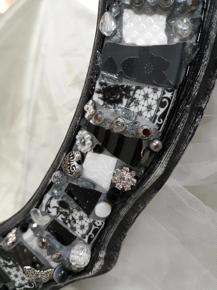 Espejo de pared negro blanco mosaico de medios mixtos Shabby Chic vintage único en su clase Foto 4 de 4