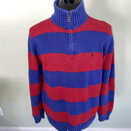 Polo Ralph Lauren 1/4 Zip Sweater Boys XL 18-20 Red Blue Striped Pony Preppy - Picture 1 of 6