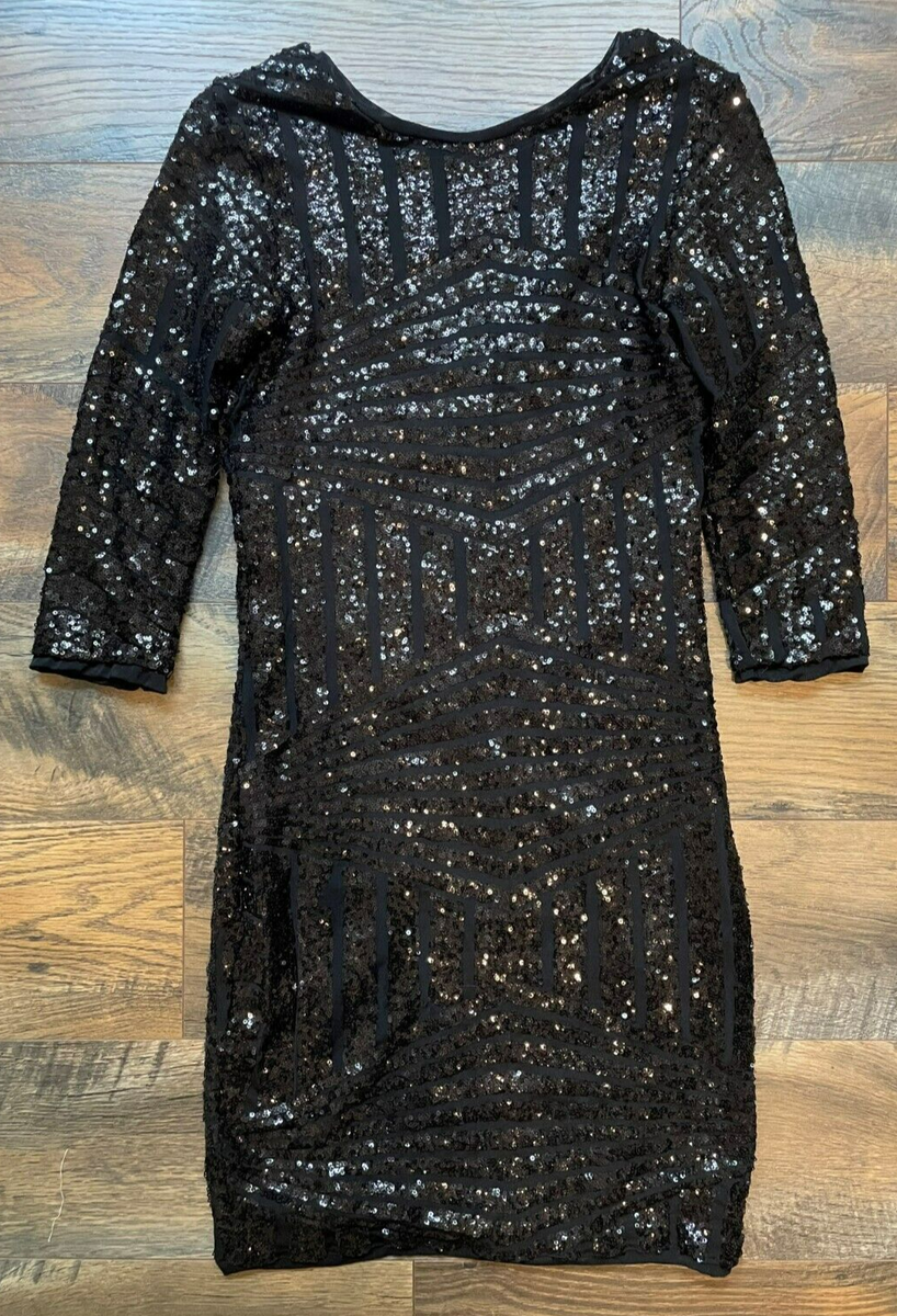 AMISU Black Art Deco Sequin Bodycon Dress Size 6