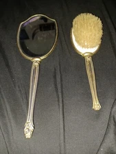Antique Vintage Metal Gold Vanity Mirror and Hair Brush Set Handheld