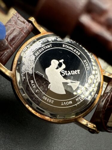 Mens Stauer Round Gold Tone Moonphase Brown Leather Strap Analog Watch 20390 F1 - 第 3/4 張圖片