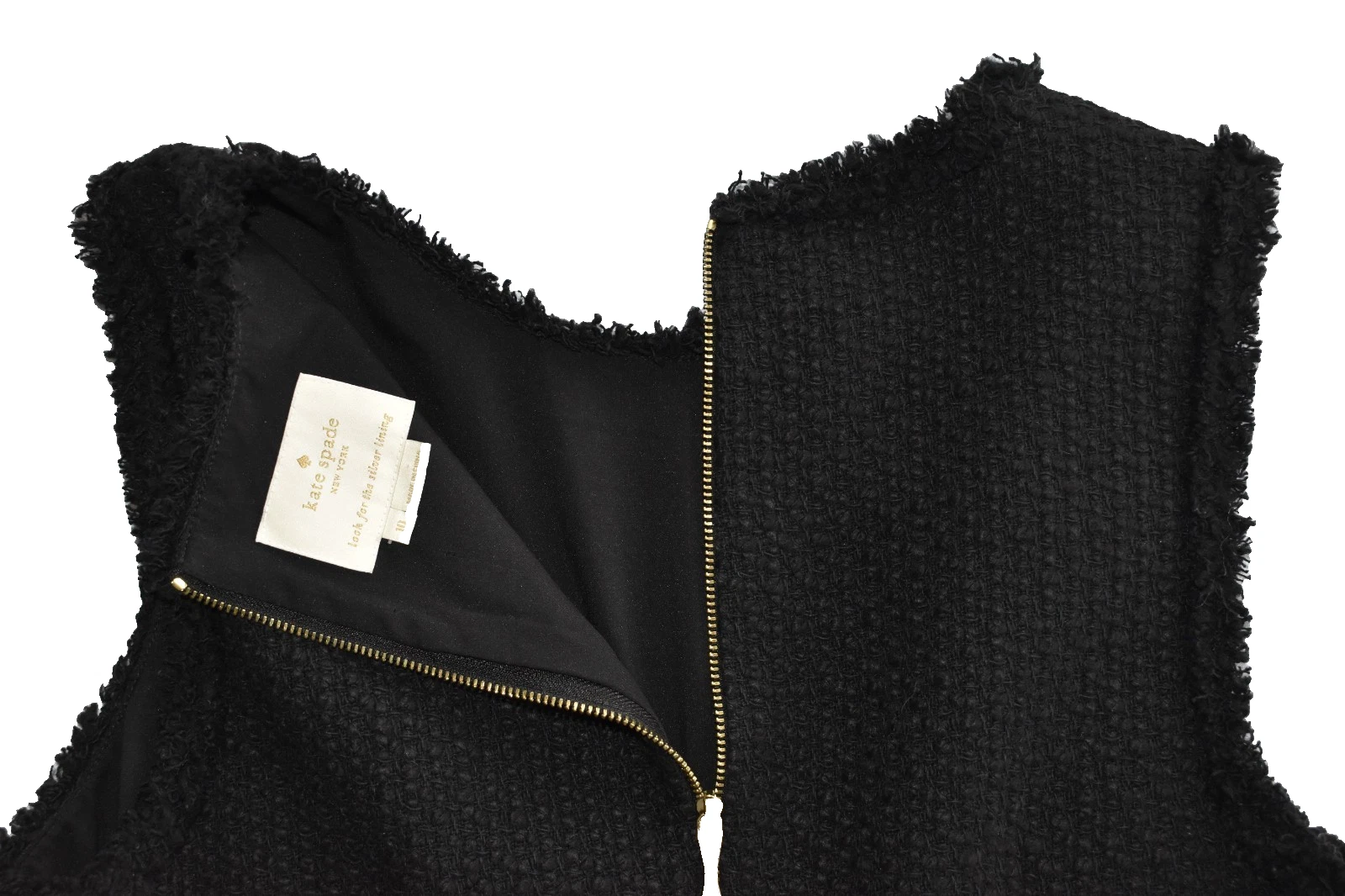 Abito B5 originale KATE SPADE NEW YORK nero tweed orlo arricciato e nastro taglia 10