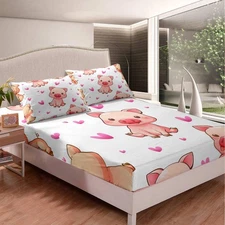 Kids Pig Bed Sheet Set Lovely Animals Pattern Decor Bed Sheets for Boys Girls...